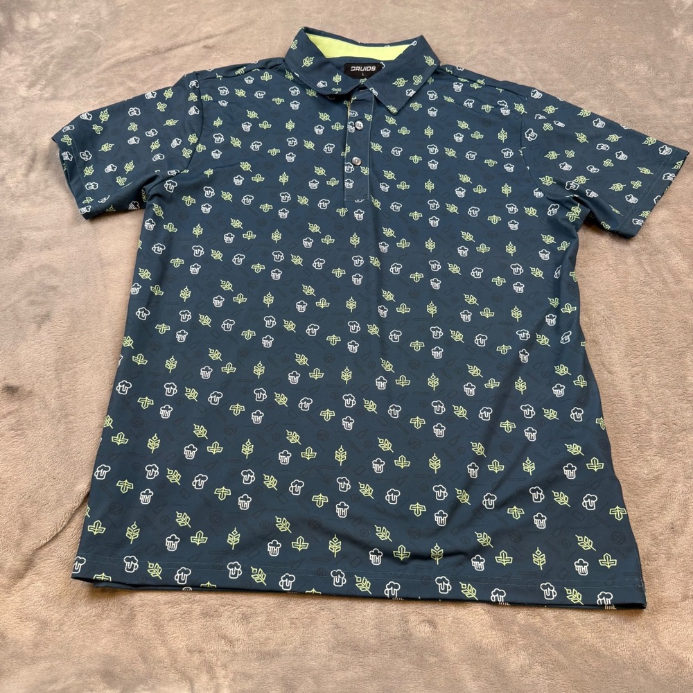 Druids Golf Polo Shirt Mens Large Blue Beer Print Short‎ Sleeve Golfing